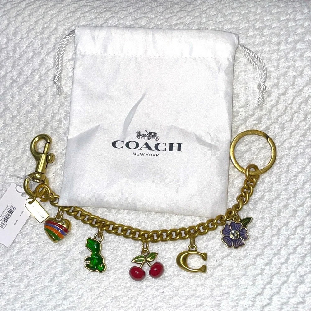NWT Coach Motif Chain Bag Charm Rexy Tea Rose Cherries Heart Brass Mult…